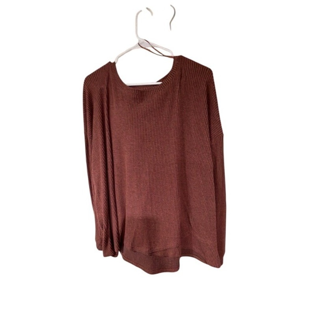 Womens Ribbed Knit Oversized Sweater Top Burgundy Long Sleeve Crew Neck High Low